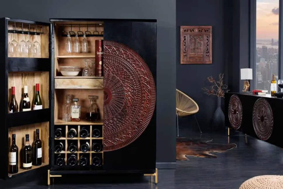 Massiver XXL Barschrank MANDALA 140cm Mangoholz schwarz gold Metallgestell Schnitzerei