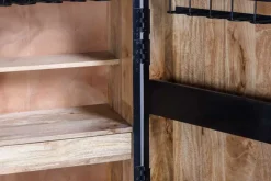 Massiver XXL Barschrank MANDALA 140cm Mangoholz schwarz gold Metallgestell Schnitzerei