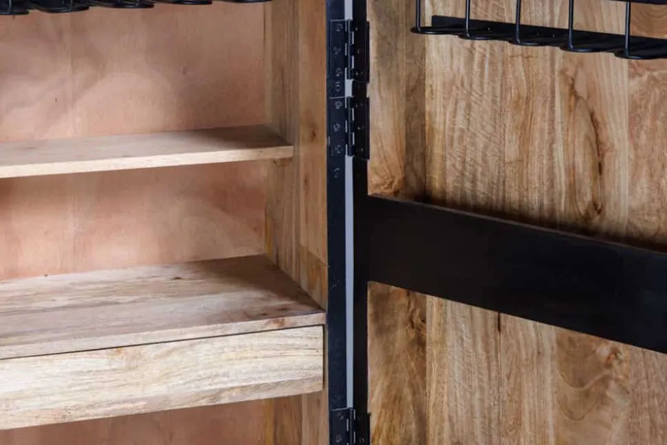 Massiver XXL Barschrank MANDALA 140cm Mangoholz schwarz gold Metallgestell Schnitzerei
