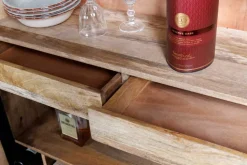 Massiver XXL Barschrank MANDALA 140cm Mangoholz schwarz gold Metallgestell Schnitzerei