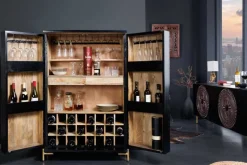 Massiver XXL Barschrank MANDALA 140cm Mangoholz schwarz gold Metallgestell Schnitzerei