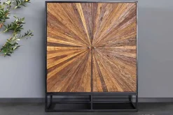 Massives Highboard BARRACUDA 120cm braun Mangoholz mit Teakholz-Front schwarz Metall