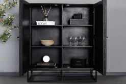 Massives Highboard BARRACUDA 120cm braun Mangoholz mit Teakholz-Front schwarz Metall