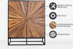 Massives Highboard BARRACUDA 120cm braun Mangoholz mit Teakholz-Front schwarz Metall