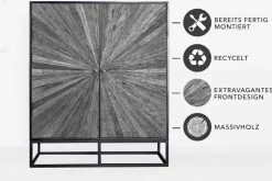 Massives Highboard BARRACUDA 120cm grau Mangoholz mit Teakholz-Front schwarz Metall