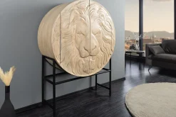Massives Highboard LION 140cm weiß Mangoholz Metall 3D Schnitzereien Kunstwerk