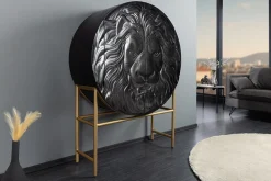 Massives Highboard LION 140cm schwarz gold Mangoholz 3D Schnitzereien Kunstwerk