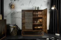 Massives Highboard ONYX 120cm dunkelbraun Mangoholz Edelstein Achat gold Metallgestell