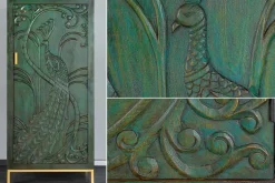 Massives Highboard PEACOCK 170cm grün Mangoholz antik 3D Schnitzerei Pfau-Design