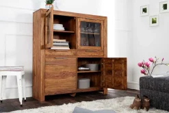 Massives Highboard PURE 140cm braun Sheesham stone finish Vitrine Palisander