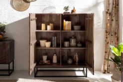 Massives Highboard SCORPION 120cm dunkelbraun Akazie mit 3D Schnitzereien schwarz Metall