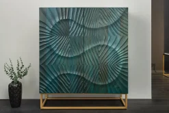 Massives Highboard SCORPION 120cm türkis Mangoholz mit 3D Schnitzereien gold Metall