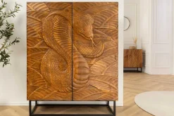Massives Highboard SNAKE 120cm braun schwarz Mangoholz Schlangen-Design mit aufwendigen 3D Schnitzereien