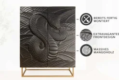 Massives Highboard SNAKE 120cm schwarz gold Mangoholz Schlangen-Design mit aufwendigen 3D Schnitzereien