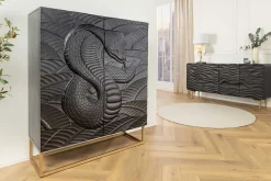 Massives Highboard SNAKE 120cm schwarz gold Mangoholz Schlangen-Design mit aufwendigen 3D Schnitzereien
