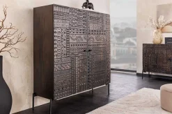 Massives Highboard TRIBAL 120cm antik braun Mangoholz 3D-Front viel Stauraum