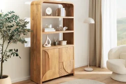 Massives Regal ART DECO 175cm cream finish beige Mangoholz abgerundet mit 3D-Front