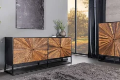 Massives Sideboard BARRACUDA 180cm braun Mangoholz mit Teakholz-Front schwarz Metall