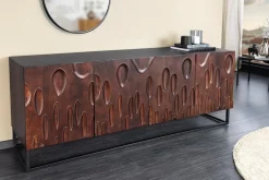 Massives Sideboard DUNE 175cm walnuss-braun Akazienholz 3D-Design schwarz Metall