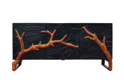 Massives Sideboard FOREST 160cm schwarz braun Mangoholz sechs Fächer 3D-Front