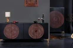 Massives Sideboard MANDALA 160cm Mangoholz schwarz mit 3D Schnitzereien goldene Füße