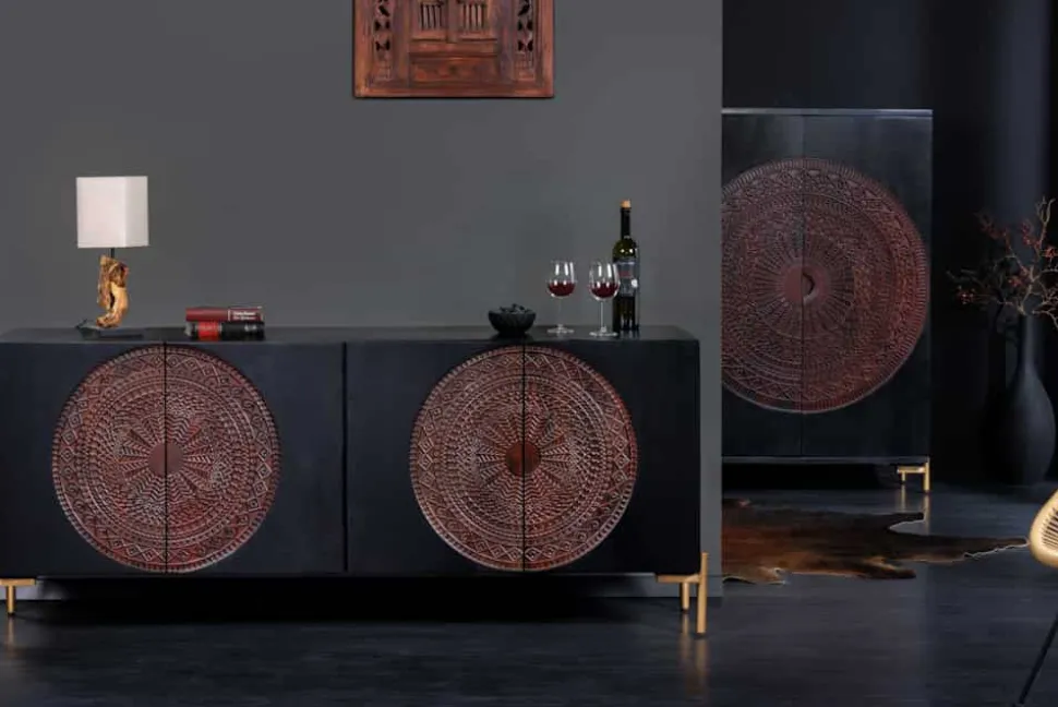 Massives Sideboard MANDALA 160cm Mangoholz schwarz mit 3D Schnitzereien goldene Füße