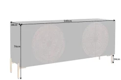 Massives Sideboard MANDALA 160cm Mangoholz schwarz mit 3D Schnitzereien goldene Füße