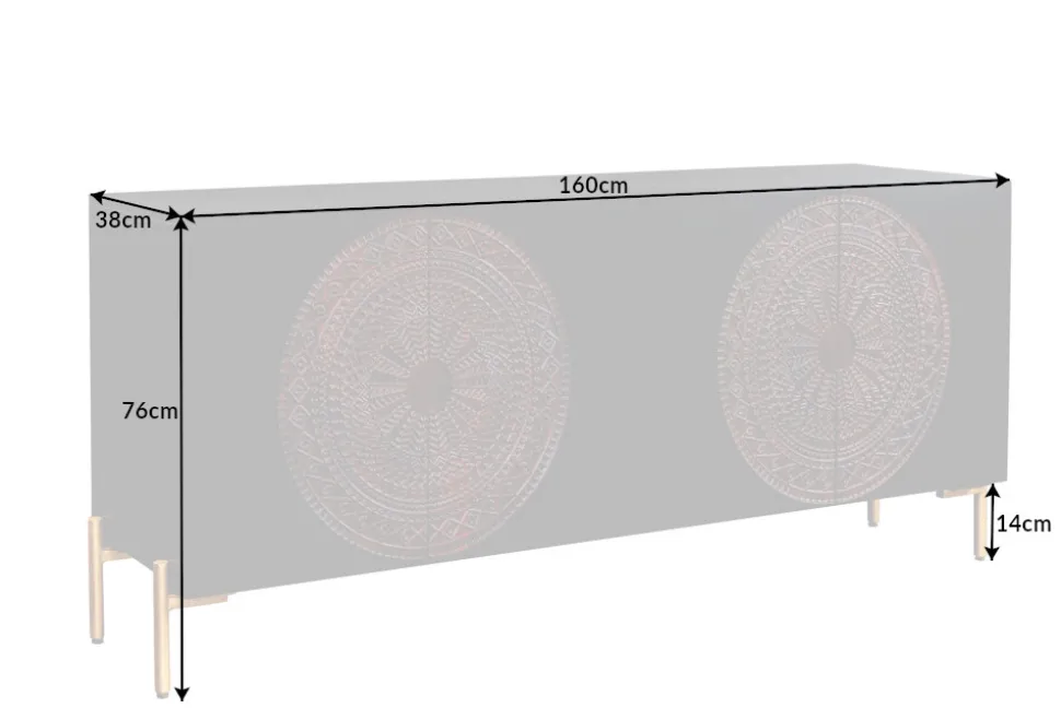 Massives Sideboard MANDALA 160cm Mangoholz schwarz mit 3D Schnitzereien goldene Füße