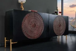 Massives Sideboard MANDALA 160cm Mangoholz schwarz mit 3D Schnitzereien goldene Füße