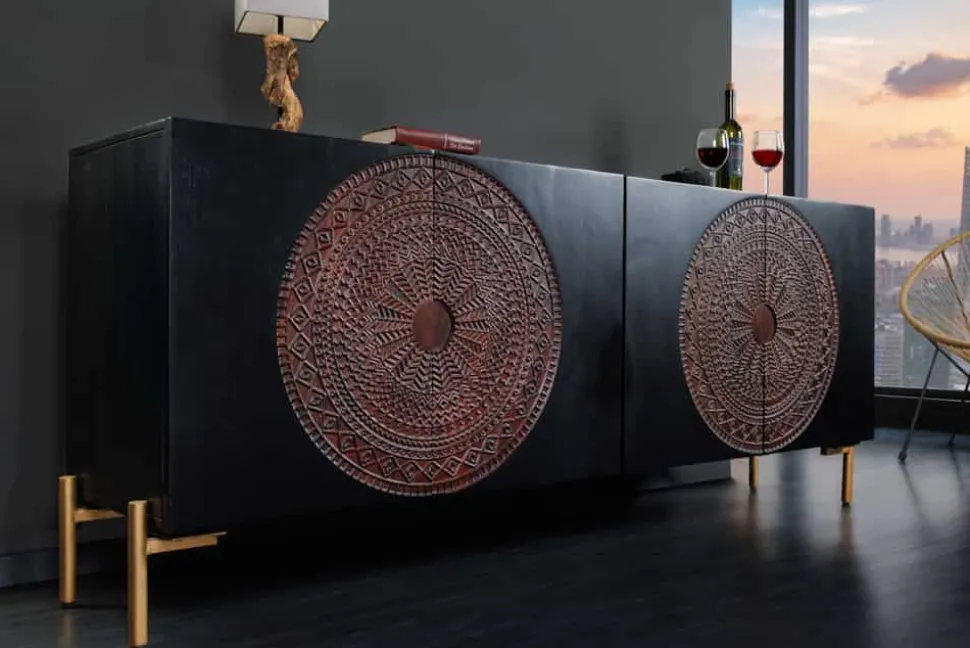 Massives Sideboard MANDALA 160cm Mangoholz schwarz mit 3D Schnitzereien goldene Füße