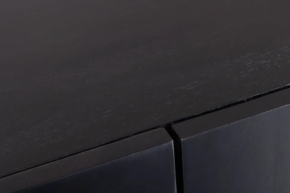 Massives Sideboard MANDALA 160cm Mangoholz schwarz mit 3D Schnitzereien goldene Füße