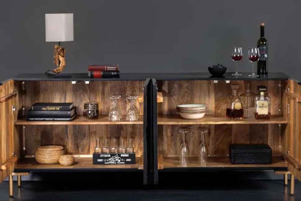 Massives Sideboard MANDALA 160cm Mangoholz schwarz mit 3D Schnitzereien goldene Füße