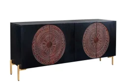 Massives Sideboard MANDALA 160cm Mangoholz schwarz mit 3D Schnitzereien goldene Füße