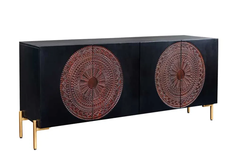 Massives Sideboard MANDALA 160cm Mangoholz schwarz mit 3D Schnitzereien goldene Füße