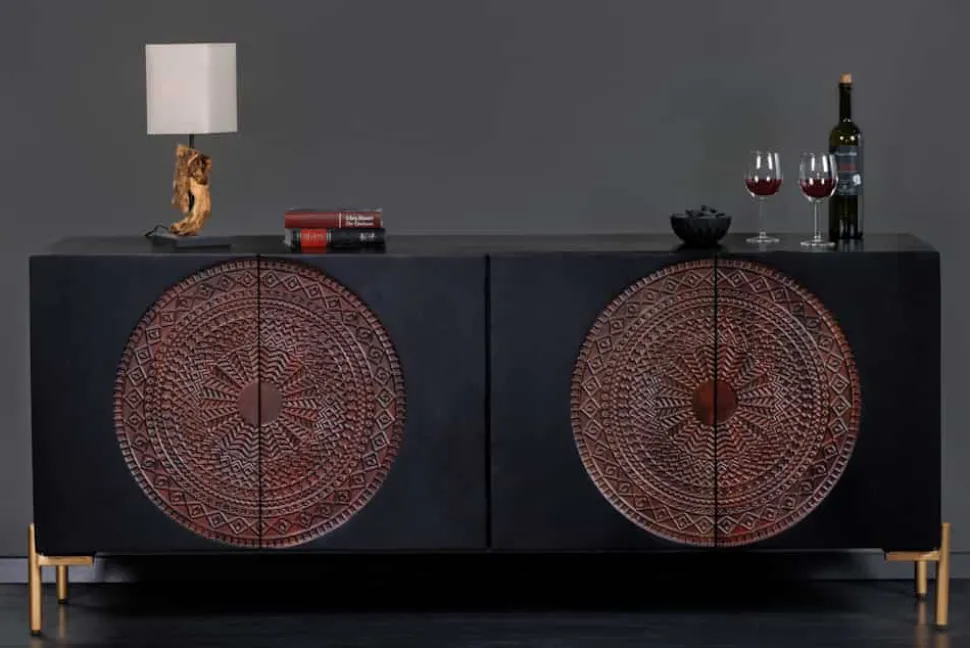 Massives Sideboard MANDALA 160cm Mangoholz schwarz mit 3D Schnitzereien goldene Füße