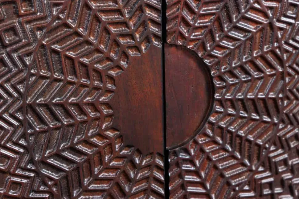 Massives Sideboard MANDALA 160cm Mangoholz schwarz mit 3D Schnitzereien goldene Füße