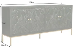 Massives Sideboard PEACOCK 175cm grün Mangoholz antik 3D Schnitzerei Pfau-Design