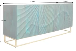 Massives Sideboard SCORPION 180cm türkis Mangoholz gold Metall 3D Schnitzereien