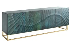 Massives Sideboard SCORPION 180cm türkis Mangoholz gold Metall 3D Schnitzereien