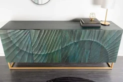 Massives Sideboard SCORPION 180cm türkis Mangoholz gold Metall 3D Schnitzereien