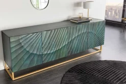 Massives Sideboard SCORPION 180cm türkis Mangoholz gold Metall 3D Schnitzereien