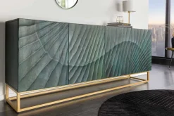 Massives Sideboard SCORPION 180cm türkis Mangoholz gold Metall 3D Schnitzereien