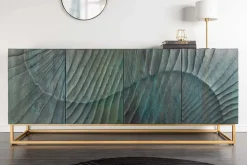 Massives Sideboard SCORPION 180cm türkis Mangoholz gold Metall 3D Schnitzereien