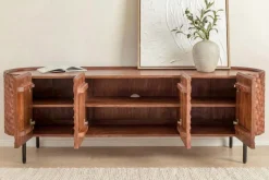 Massives TV-Board ADLON 160cm braun Mangoholz schwarz Metall Lowboard mit 3D- Front