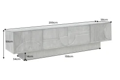 Massives TV-Board ART DECO 200cm grau Mangoholz Lowboard 3D-Front