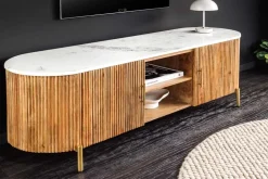 Massives TV-Board TRES CHIC 140cm natur Mangoholz weiß Marmor mit viel Stauraum