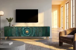 Massives TV-Lowboard GOLDEN SUNSET 180cm türkis 3D-Schnitzereien gold Mangoholz Metall