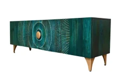 Massives TV-Lowboard GOLDEN SUNSET 180cm türkis 3D-Schnitzereien gold Mangoholz Metall