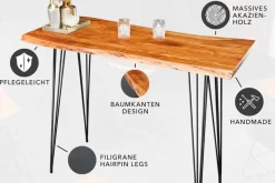 Massivholz Bartisch MAMMUT 140cm natur Akazie Baumkante Metall schwarz Hairpin Legs
