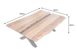 Massivholz Couchtisch AMAZONAS 105cm Akazie schwarzes Metall X-Gestell Baumkante Live Edge